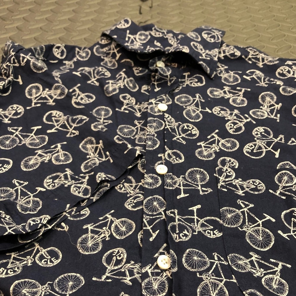 Gustin‎ Button Down Shirt Mens L Navy Blue Bicycle Print Short Sleeve Cotton USA
